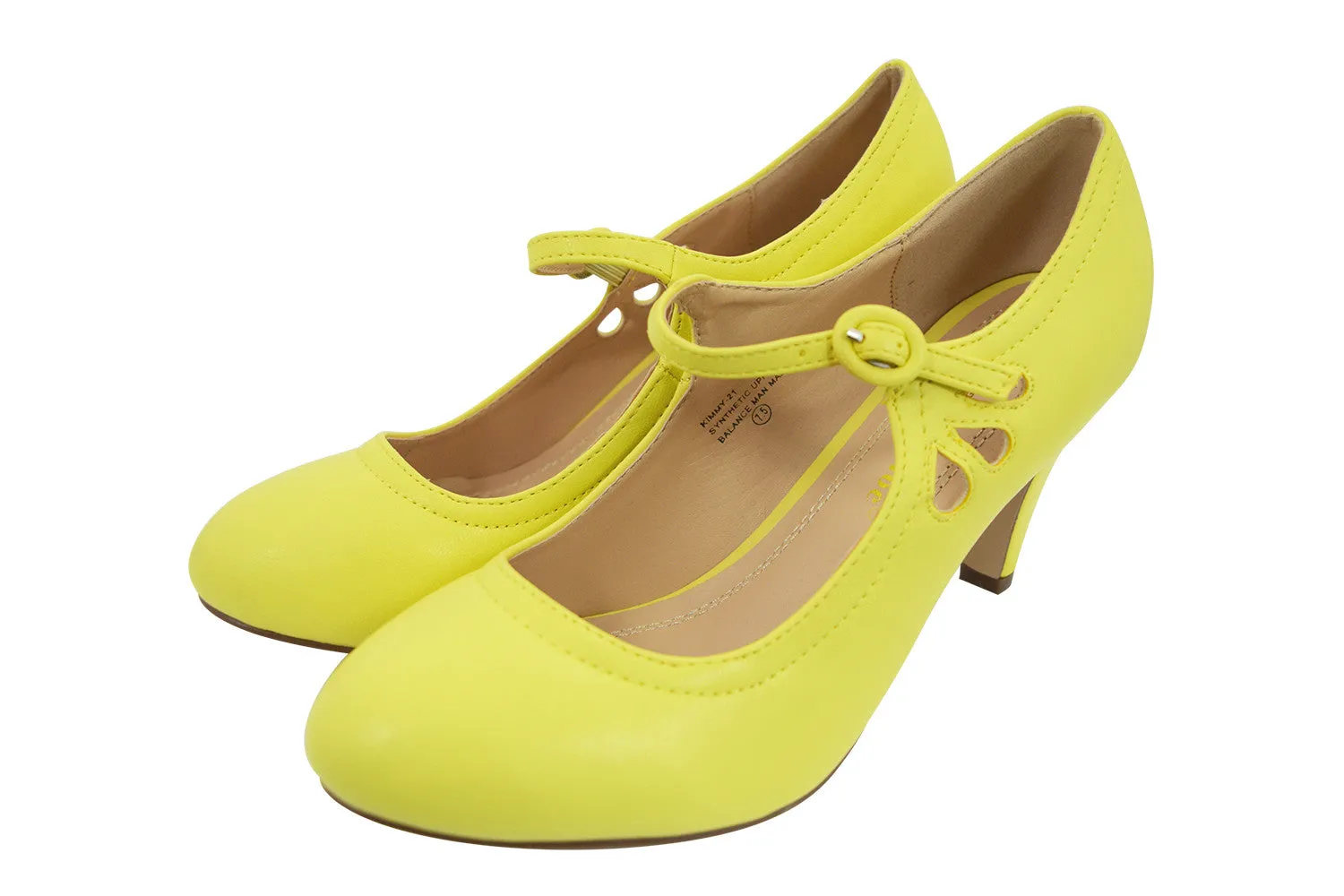 60's Retro Vintage Pinup Mary Jane Lemon Yellow Faux Leather Cut Out Pumps