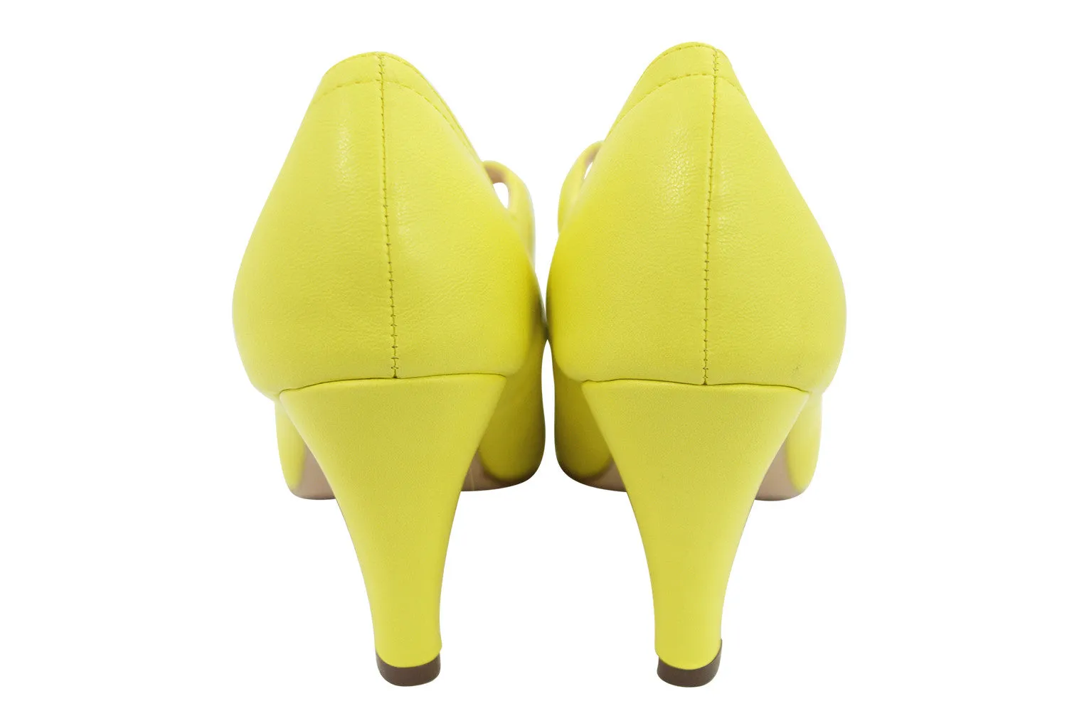 60's Retro Vintage Pinup Mary Jane Lemon Yellow Faux Leather Cut Out Pumps