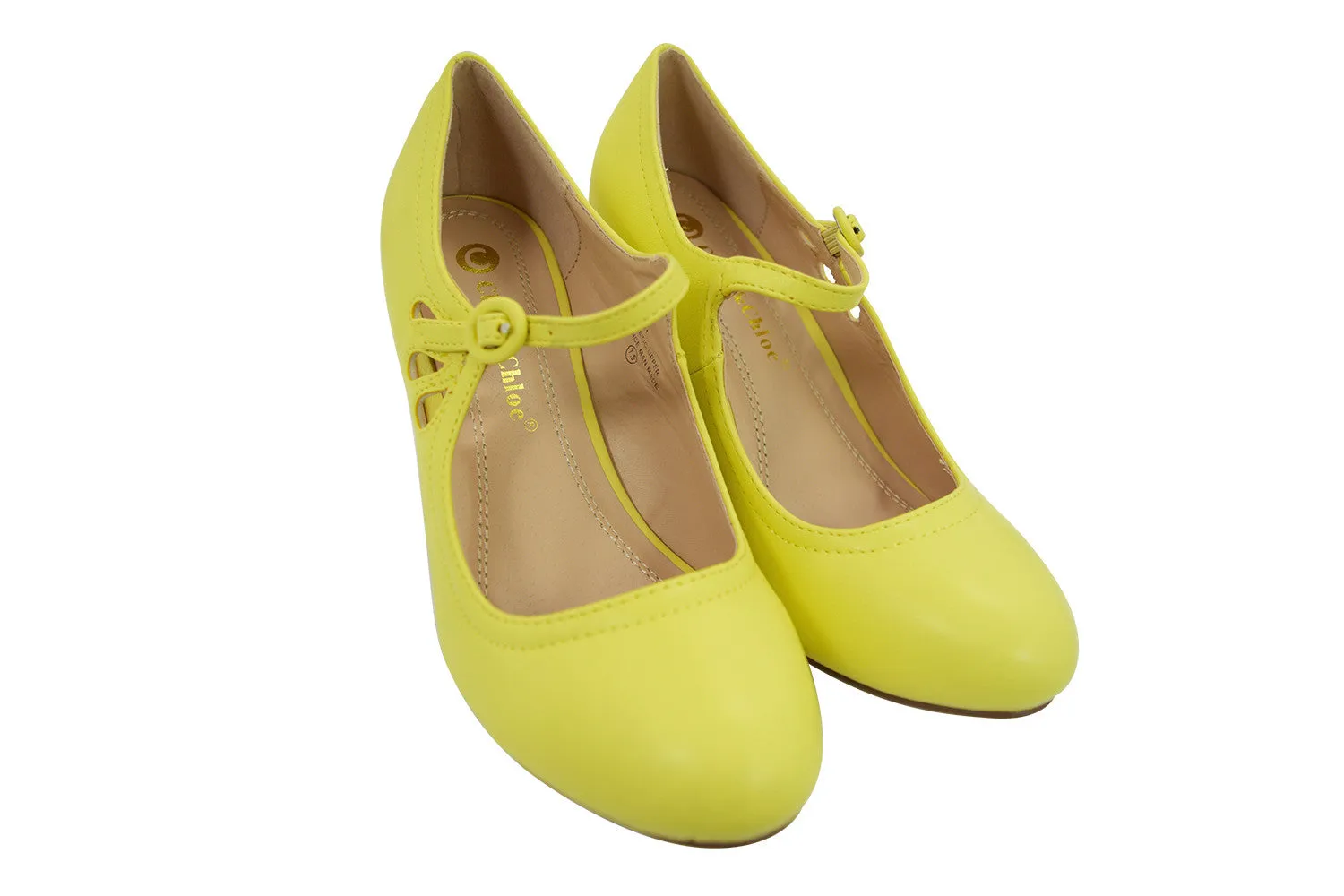 60's Retro Vintage Pinup Mary Jane Lemon Yellow Faux Leather Cut Out Pumps