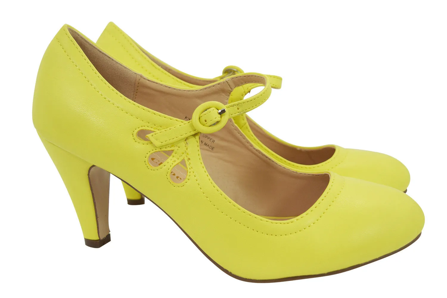60's Retro Vintage Pinup Mary Jane Lemon Yellow Faux Leather Cut Out Pumps