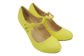 60's Retro Vintage Pinup Mary Jane Lemon Yellow Faux Leather Cut Out Pumps