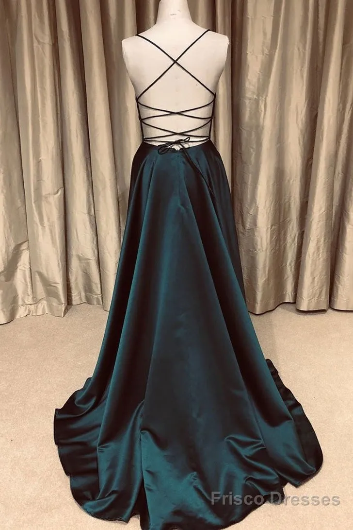 A Line V Neck Green/Blue Backless Long Prom Dresses, V Neck Backless Green/Blue Formal Graduation Evening Dresses