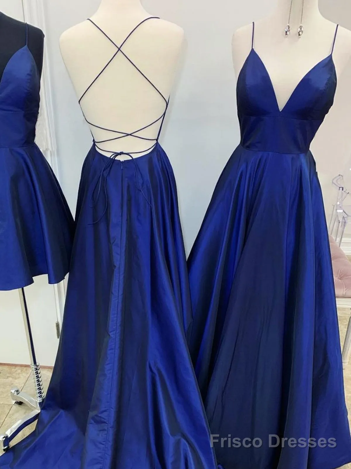 A Line V Neck Royal Blue Backless Prom Dresses, Royal Blue Backless Formal Evening Bridesmaid Dresses