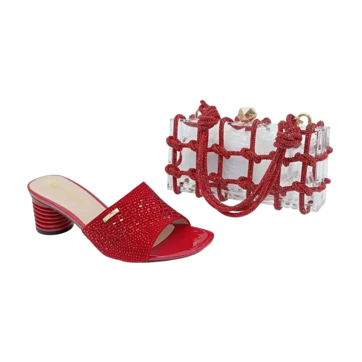 Aimeigao Rhinestone Block Heels and Acrylic Handbag Set