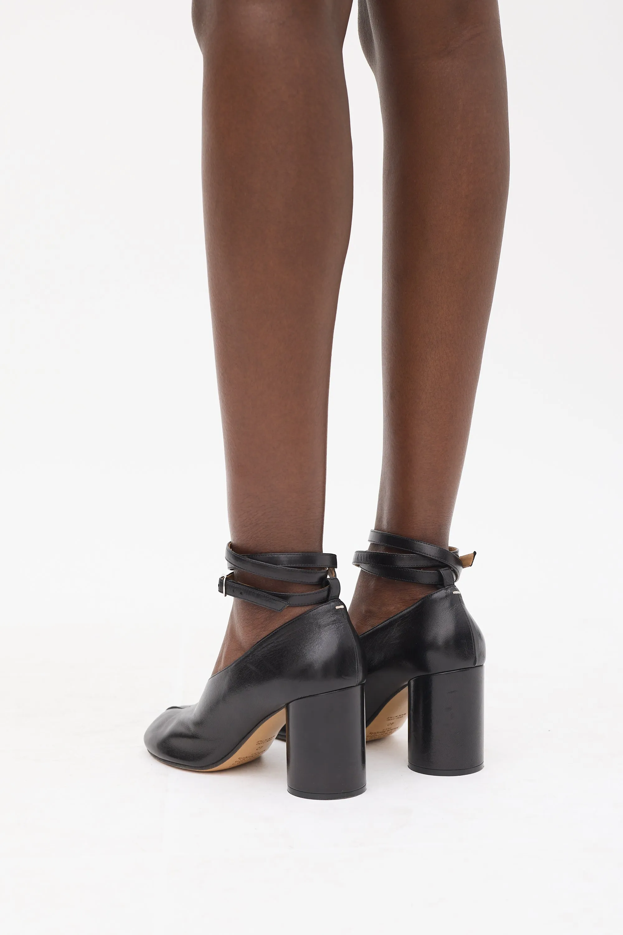 Black Leather Tabi Mary Jane Wraparound Pump