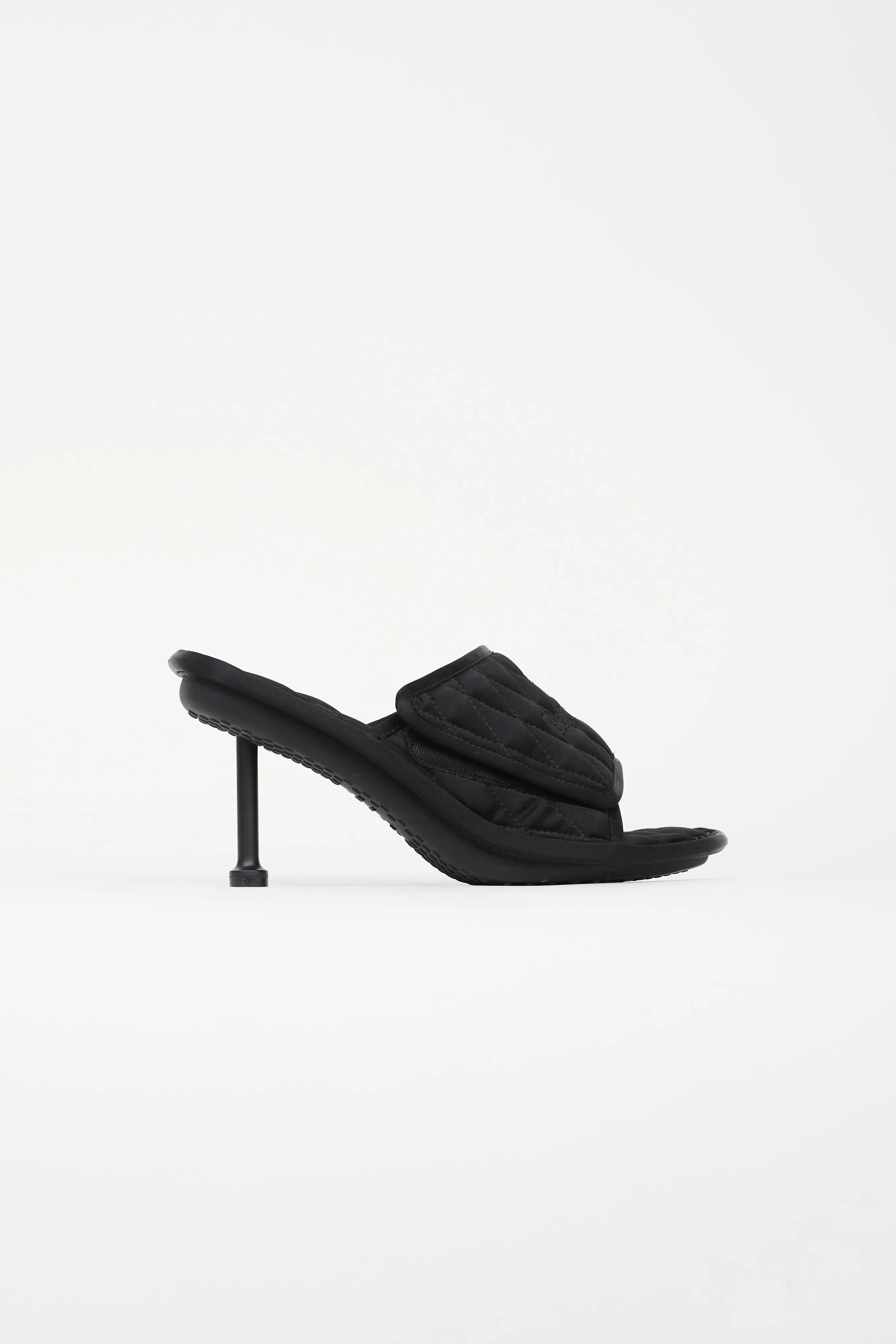 Black Satin Quilted Heeled Mule