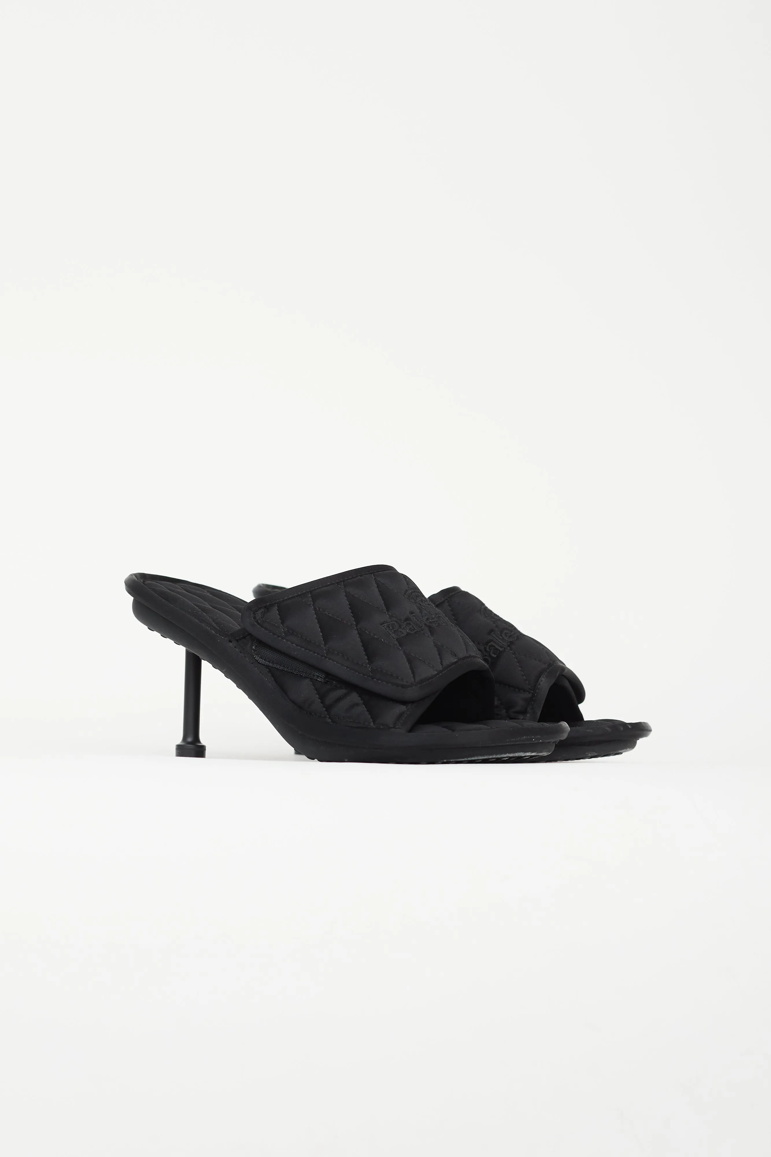 Black Satin Quilted Heeled Mule