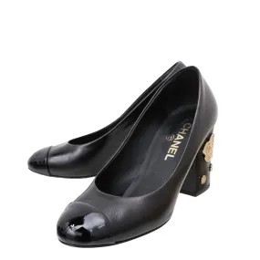 Chanel Black Camellia Applique Block Cap Toe Pump 39
