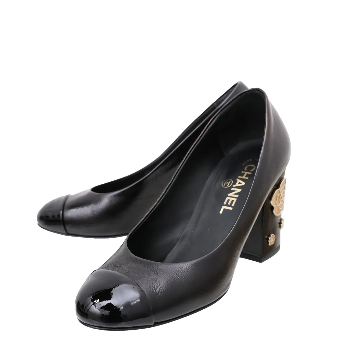 Chanel Black Camellia Applique Block Cap Toe Pump 39