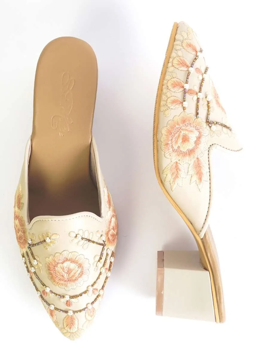 Cream Mules With Block Heels And Saffron Two Toned Floral Design By Sole House