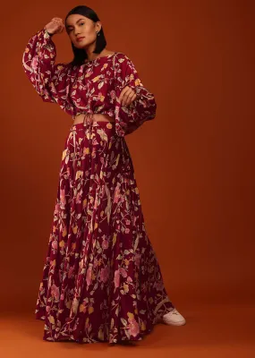 Jester Red Floral Print Crop Top And Lehenga
