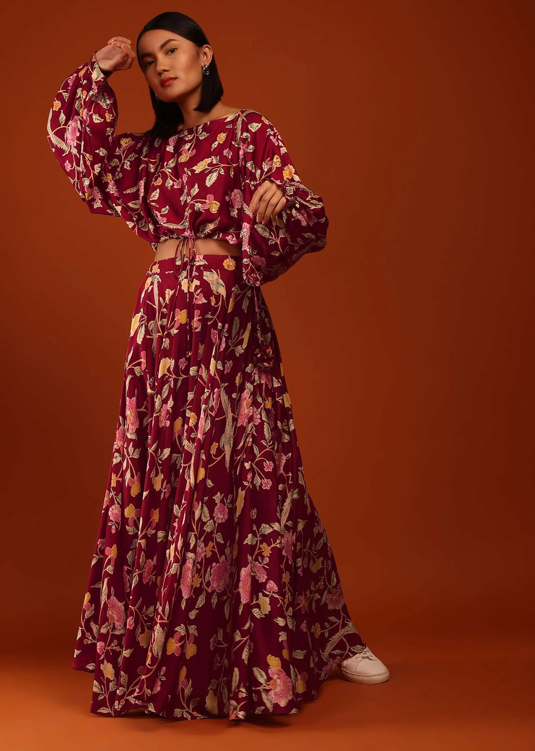 Jester Red Floral Print Crop Top And Lehenga