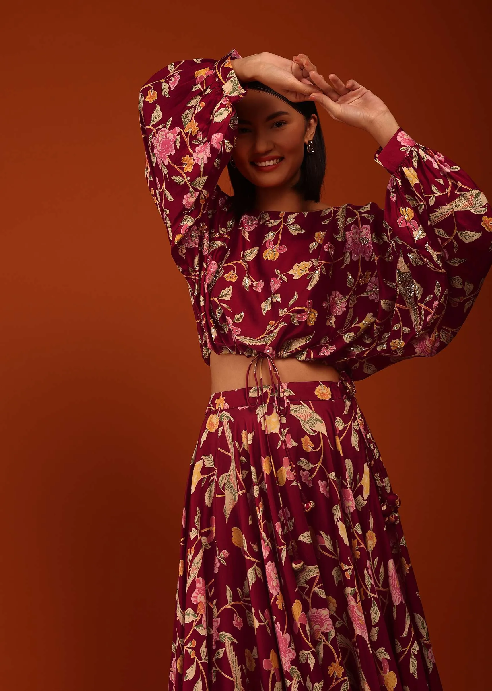 Jester Red Floral Print Crop Top And Lehenga