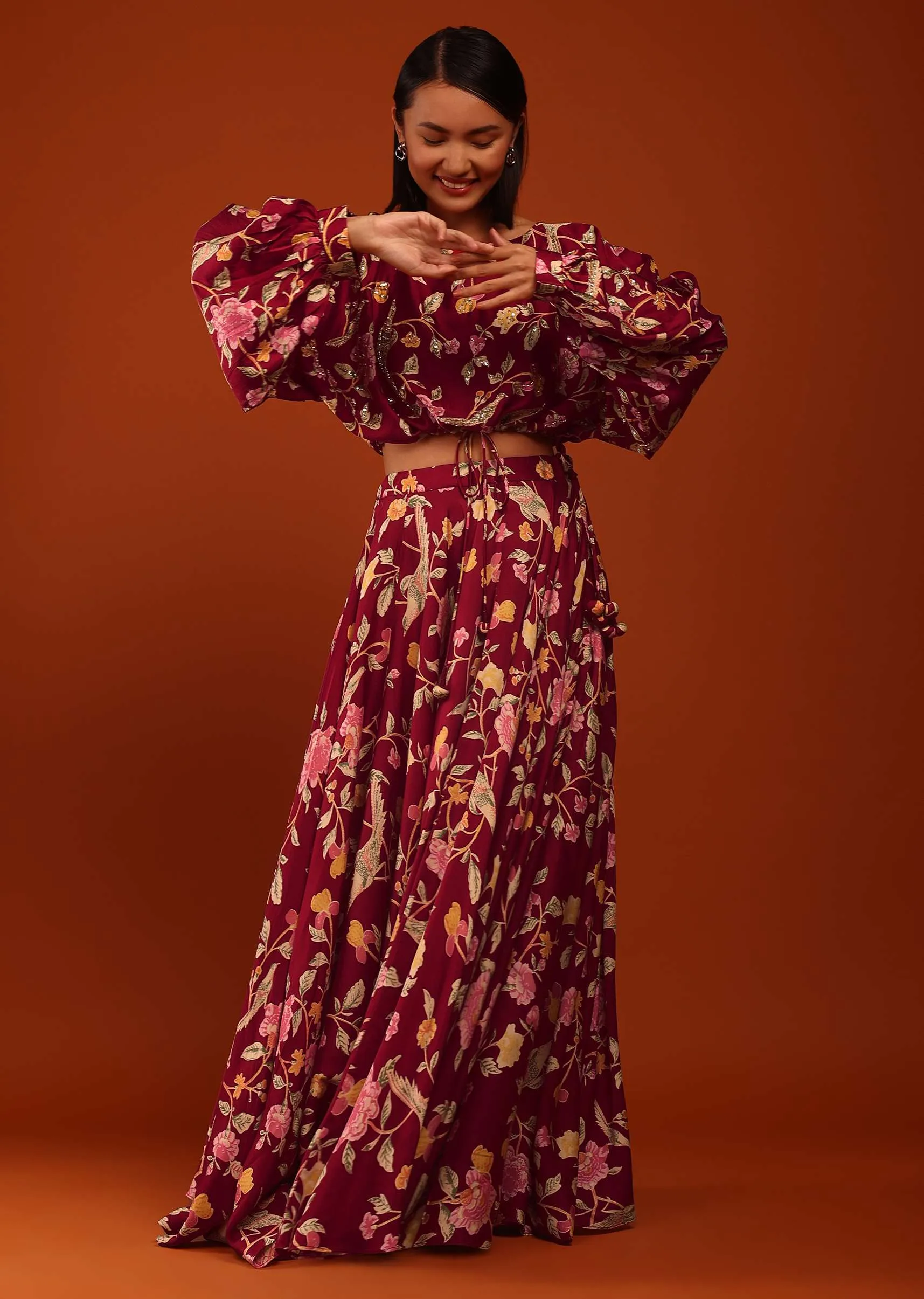 Jester Red Floral Print Crop Top And Lehenga