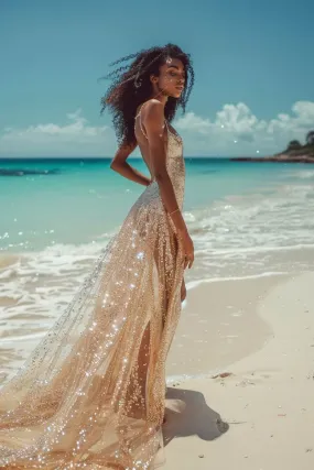 Maryam  Elegant Backless Golden Boho Gown  Wedding Dress