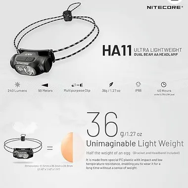 Nitecore HA11, 240 Lumen, Lightweight Headlamp, 1xAA