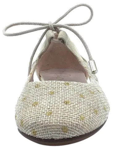 Papanatas by Eli Girl's Gold Polka Dot Beige Linen & Suede Lace Up Mary Jane Flats with Side Cutouts