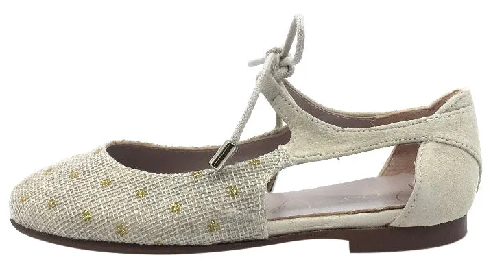 Papanatas by Eli Girl's Gold Polka Dot Beige Linen & Suede Lace Up Mary Jane Flats with Side Cutouts