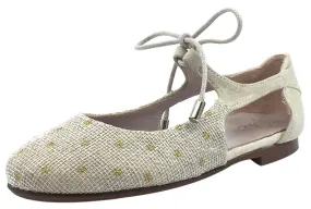 Papanatas by Eli Girl's Gold Polka Dot Beige Linen & Suede Lace Up Mary Jane Flats with Side Cutouts