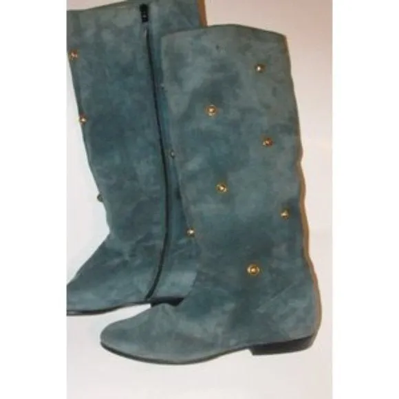 Salvatore Ferragamo Blue Suede Gold Studded Boots