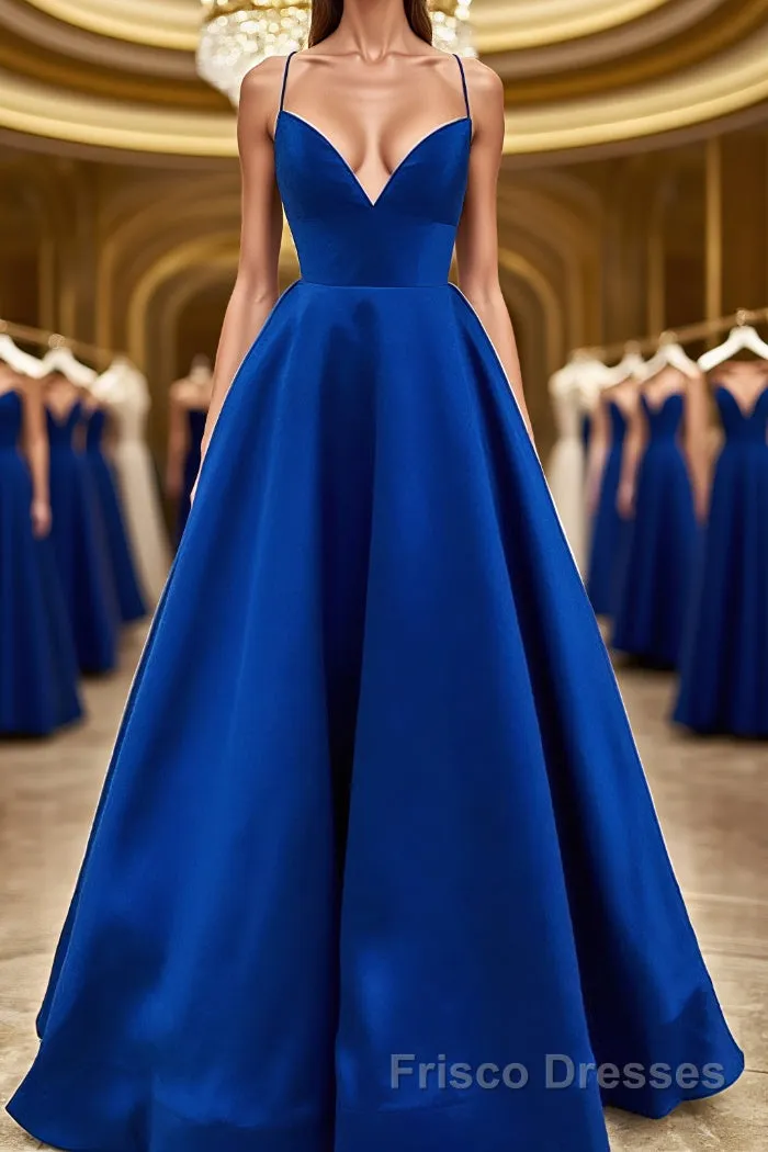 Simple V Neck Backless Royal Blue Satin Long Prom Dress, Royal Blue Backless Formal Dress, Royal Blue Evening Dress, Ball Gown